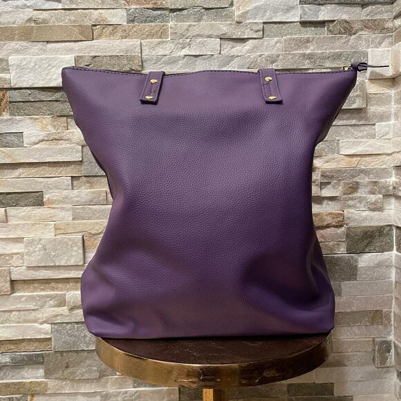 Joy Mangano Leather Tote | Purple Zip Top Bag, Gold Logo, Clean Interior NWOT - Picture 2 of 9